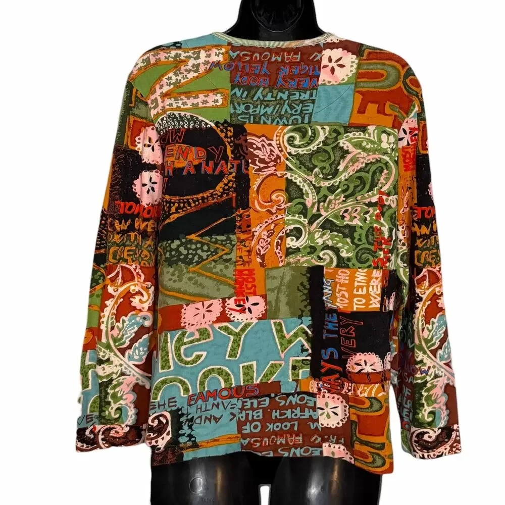 VTG Chico's Abstract Pop Art Patchwork Knit Top Size 2 Large Colorful Whimsical